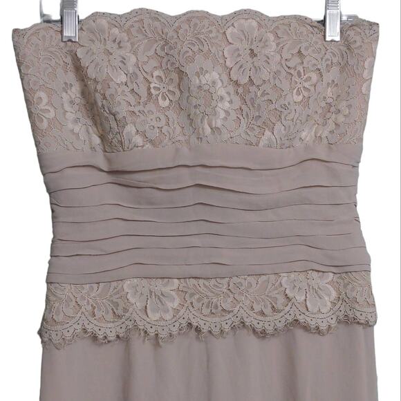 Tadashi Womens A Line Cocktail Dress Beige Pleated Midi Strapless Lace Silk 6 - Picture 2 of 9
